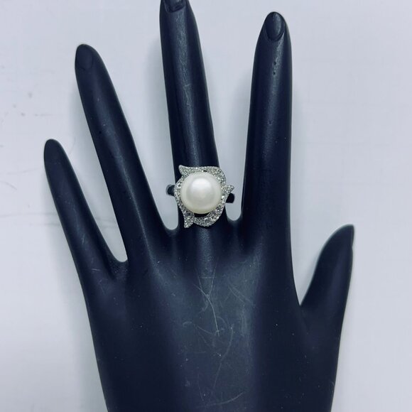 Silver Tone Adjustable Ring With Faux Pearl & Rhinestone Accent (R439) - Picture 1 of 8